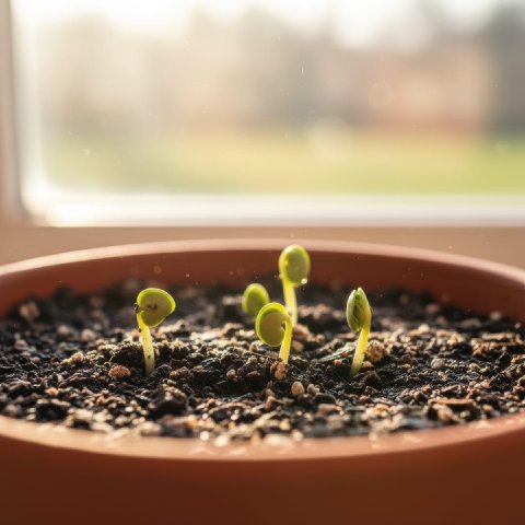 New green shoots emerging from a potted indoor plant in early spring sunlight.