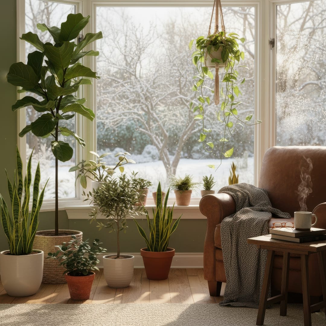 Houseplants gathered near a bright south-facing window to maximize weak winter sunlight.