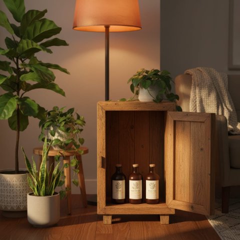 A person putting away liquid fertilizer bottles during winter months.