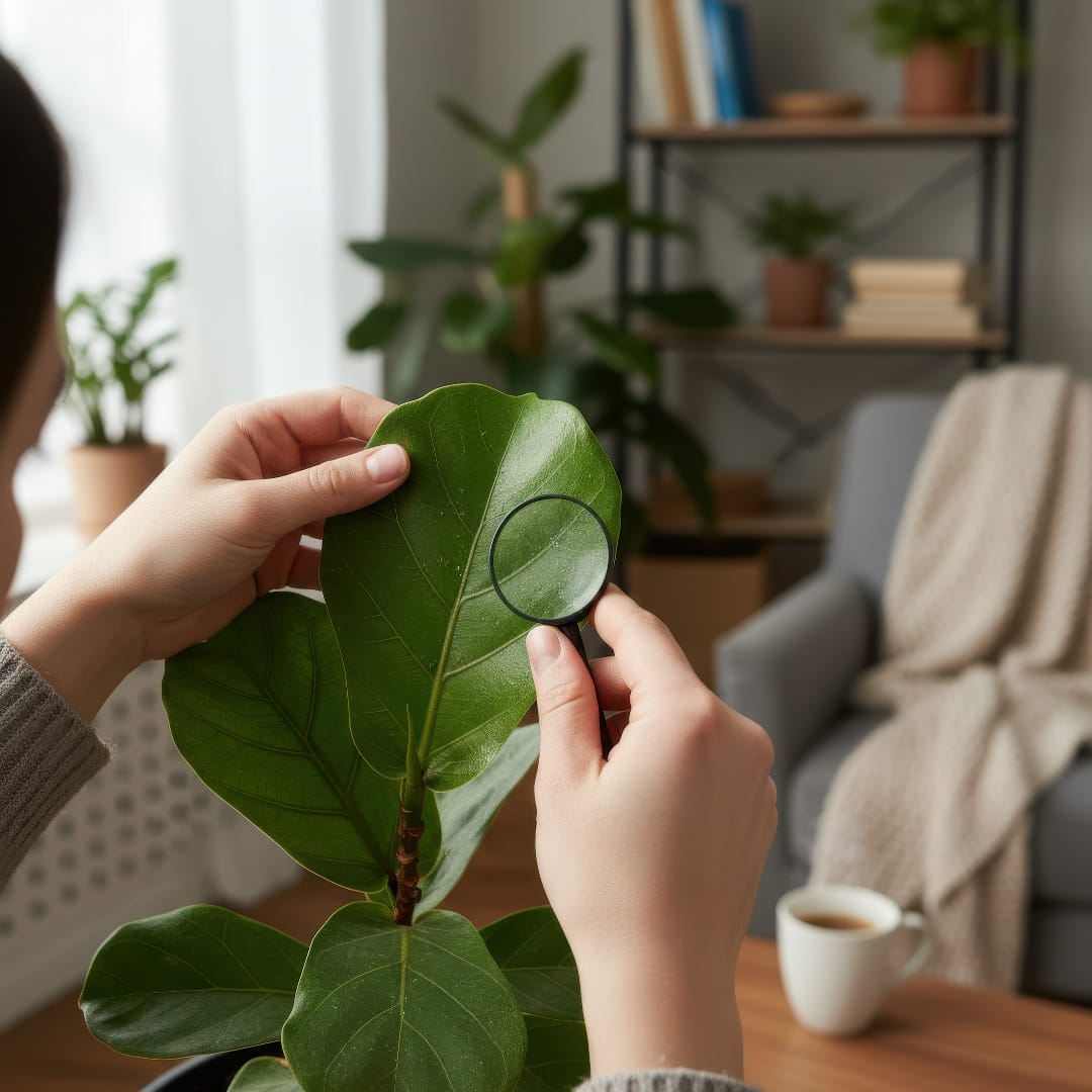 A person inspecting a houseplant leaf for spider mites under warm indoor lighting.