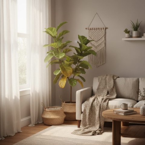 A houseplant showing a few yellow leaves under soft winter light indoors.