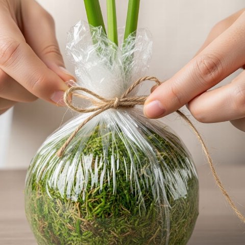 The moss ball on the stem is now being tightly wrapped with clear plastic wrap and secured with twine.