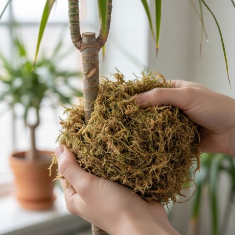 Hands carefully packing a ball of moist sphagnum moss around the wounded section of a plant stem.