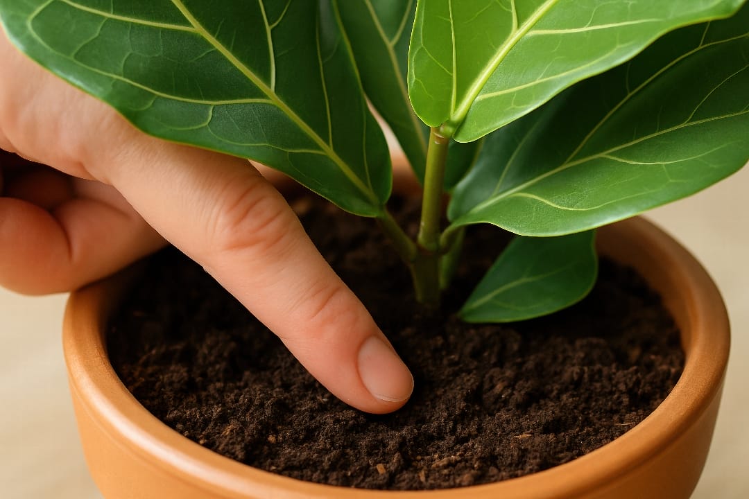 A person's finger inserted into the soil of a Fiddle Leaf Fig to check if it's dry.