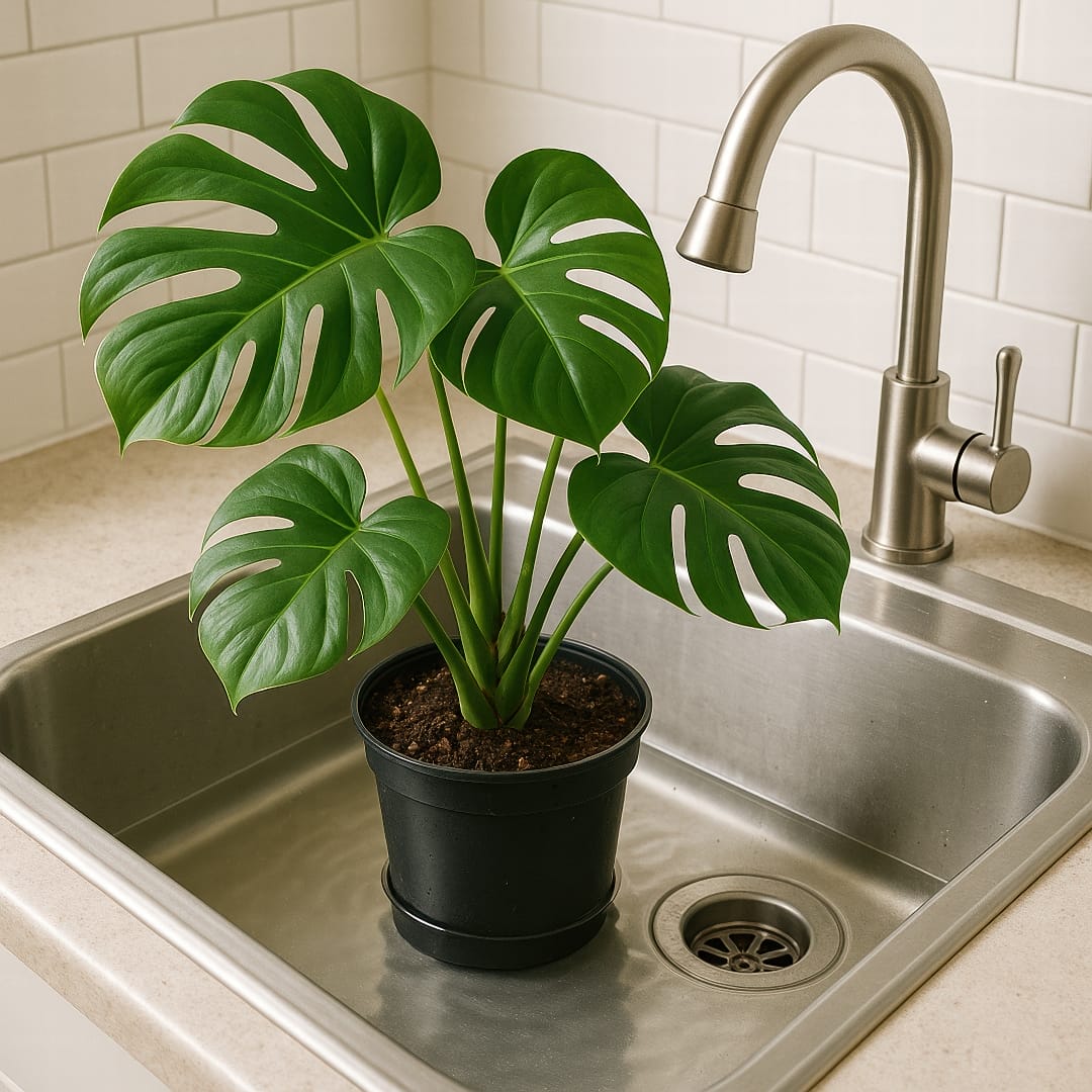 A Monstera Deliciosa in its nursery pot sitting in a kitchen sink filled with a few inches of water.