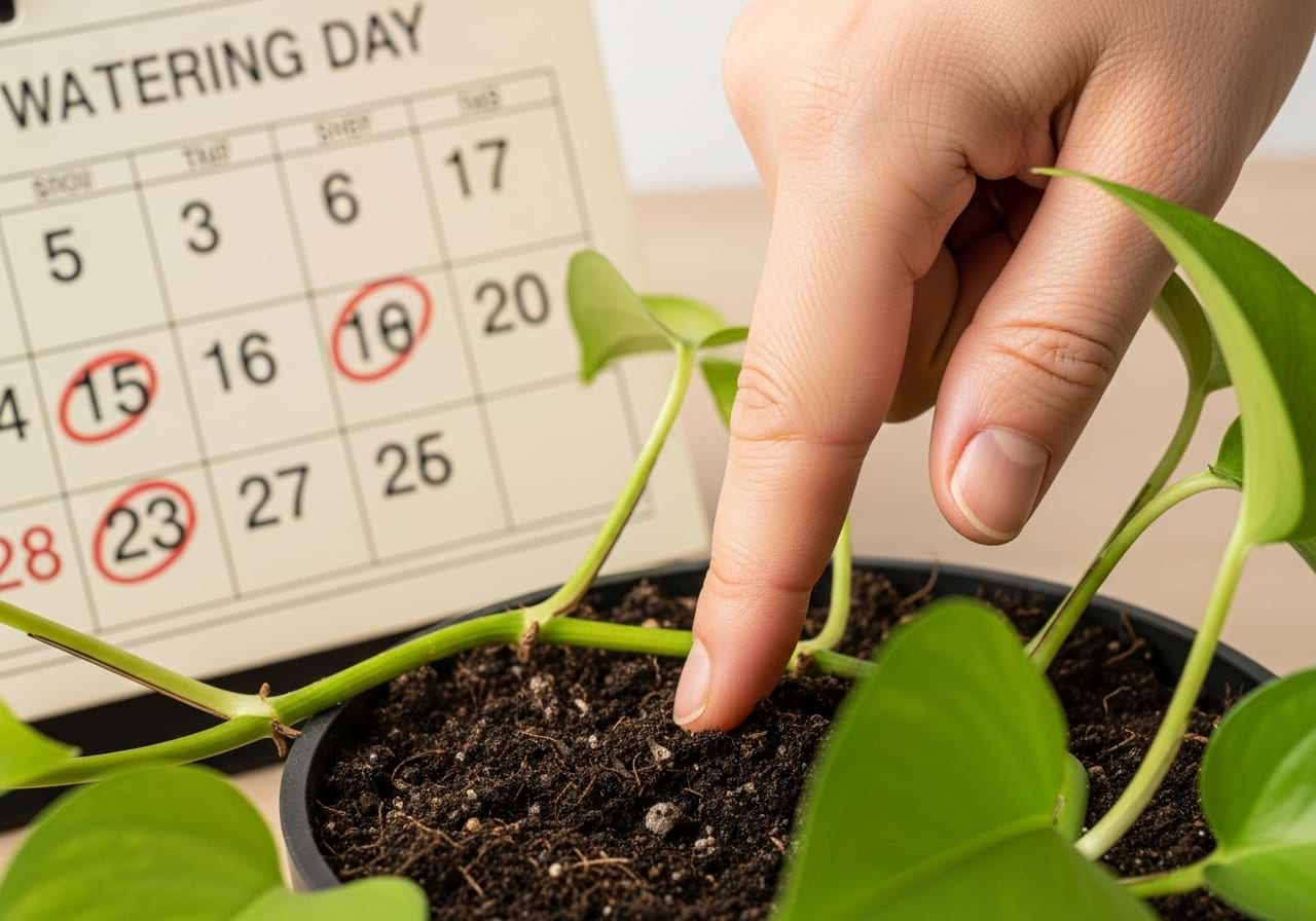 A person's hand checking the soil moisture of a houseplant with their finger.