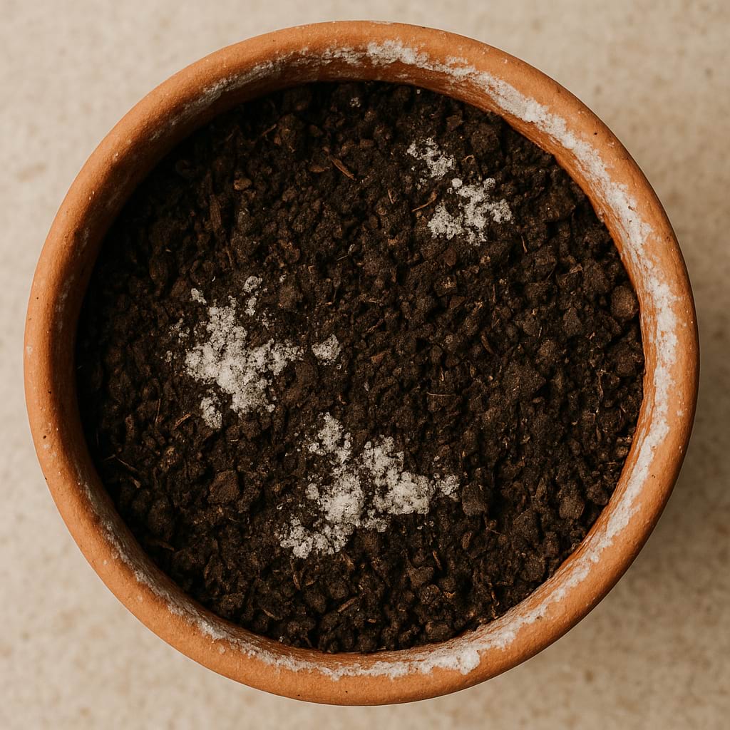 A white, crusty residue on the topsoil of a plant, indicating salt buildup from over-fertilizing.