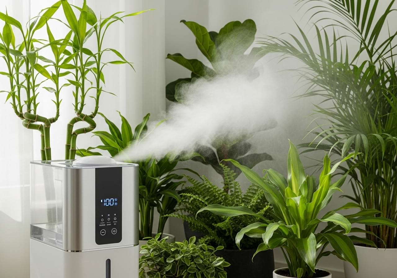 A cool-mist humidifier running next to a group of tropical plants, with a visible plume of mist.