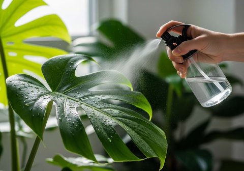 A hand using a spray bottle to apply a fine mist to a lush green plant leaf.