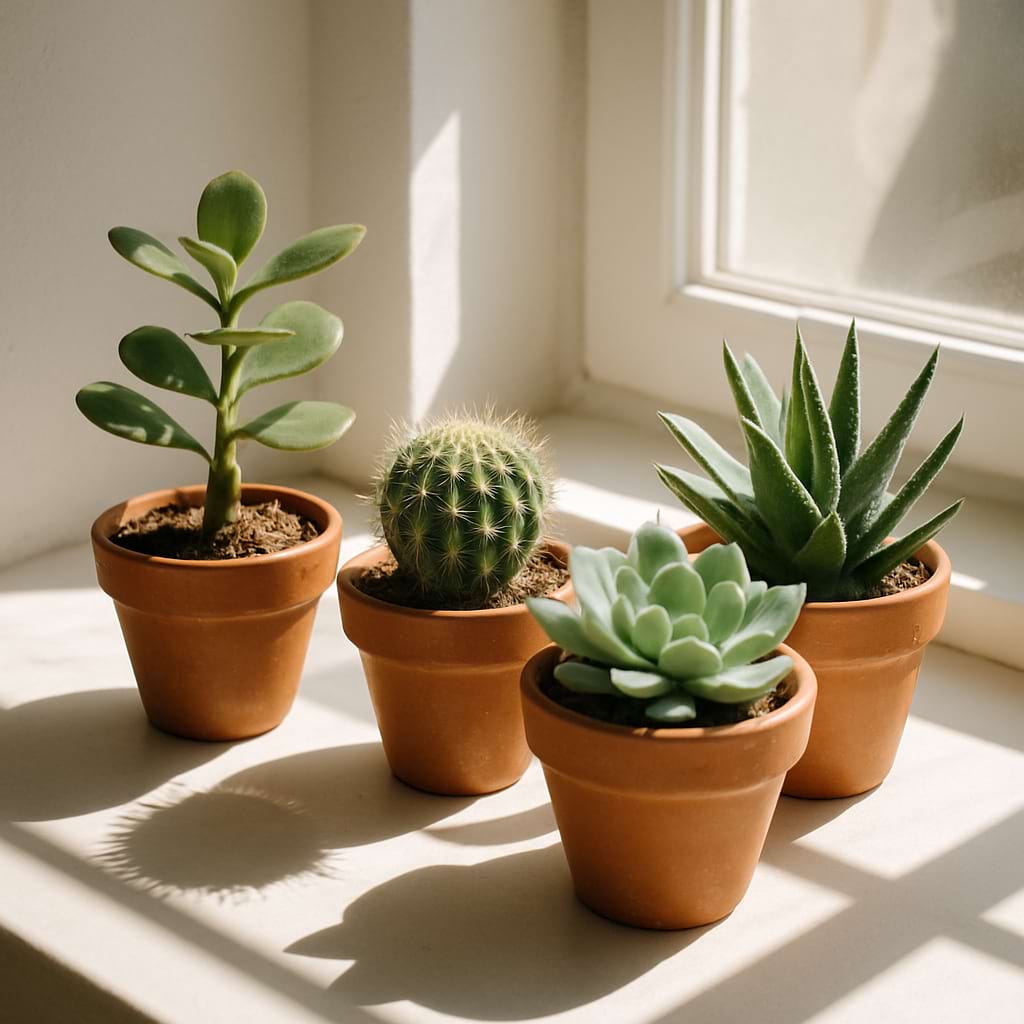 Succulents and a cactus sitting on a windowsill in a harsh, direct sunbeam, casting sharp shadows.