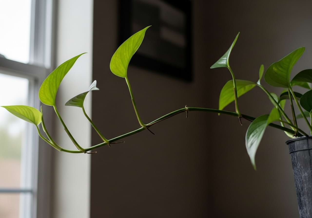 A stretched-out, 'leggy' succulent with long stems, leaning dramatically towards a window.