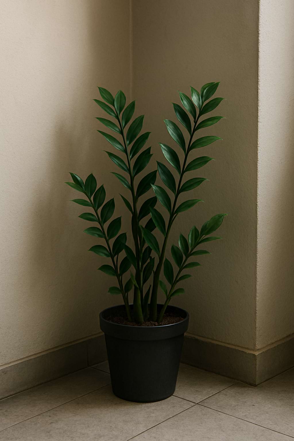 A resilient ZZ Plant thriving in a dim corner of a room, far from a window.