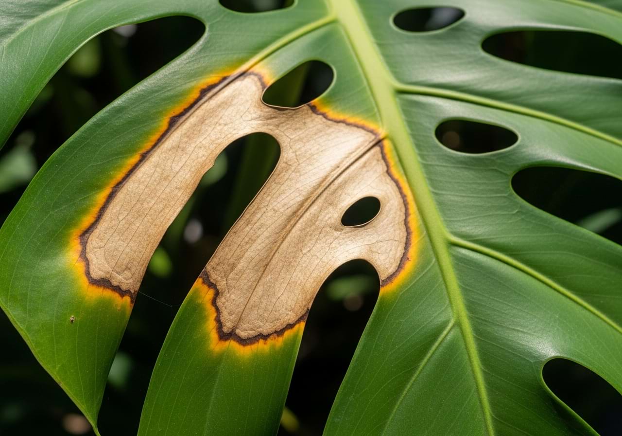 A close-up of a houseplant leaf with a large, dry, brown patch caused by sunburn.