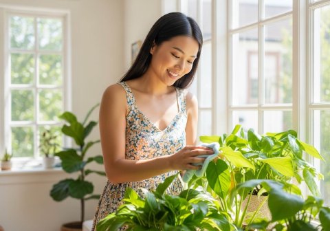 A person smiling while gently cleaning the leaves of their houseplants in a sunny room.