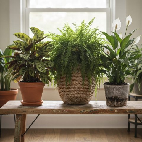 A group of healthy houseplants that are ideal for division, including a Calathea, a Snake Plant, and a Boston Fern.
