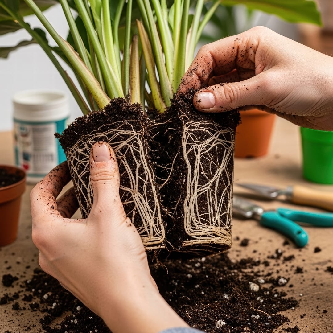 A pair of hands carefully separating the root ball of a large Calathea plant into two smaller sections.