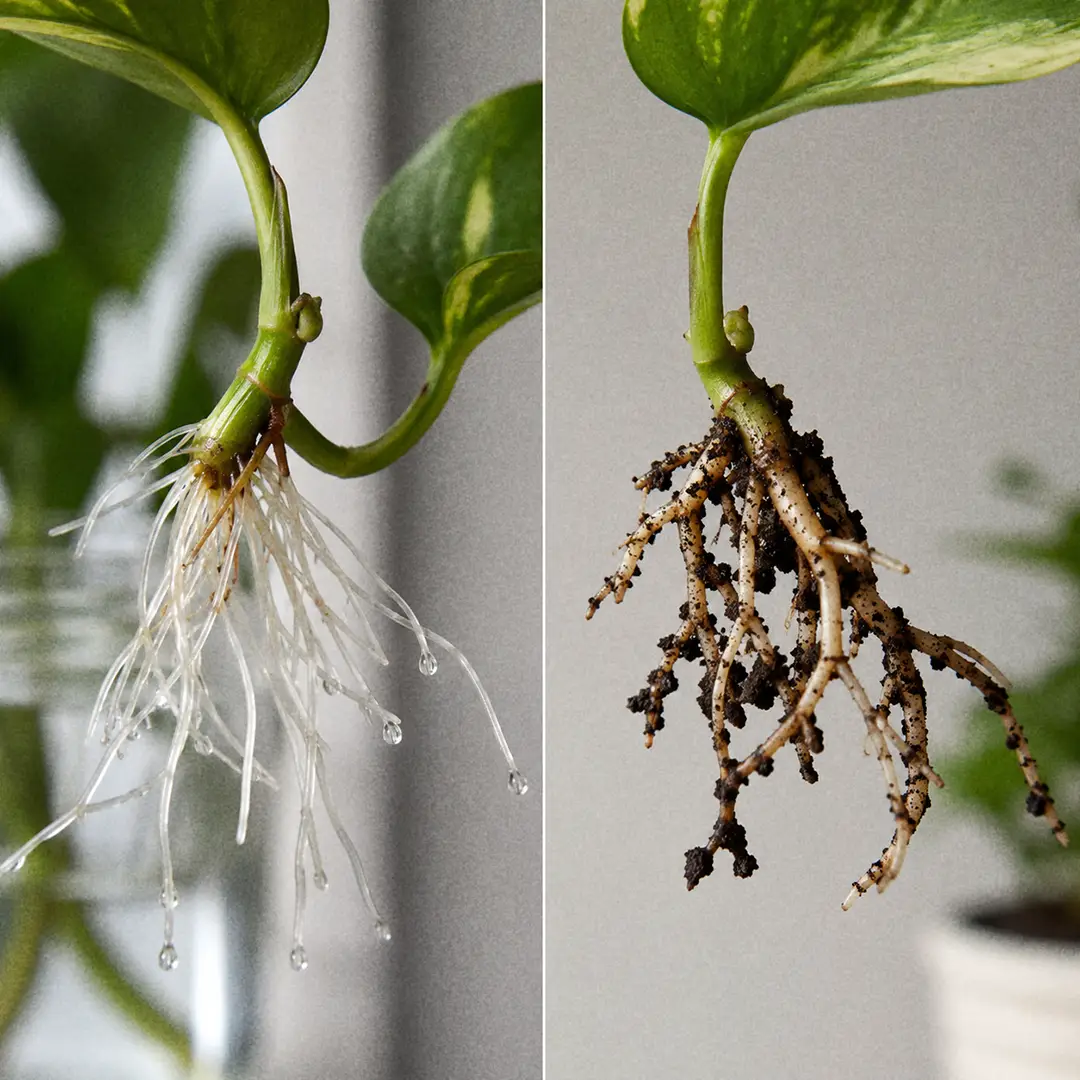 A side-by-side macro comparison of two plant cuttings: on the left, thin translucent white water roots, and on the right, thicker branched soil roots with soil clinging to them.