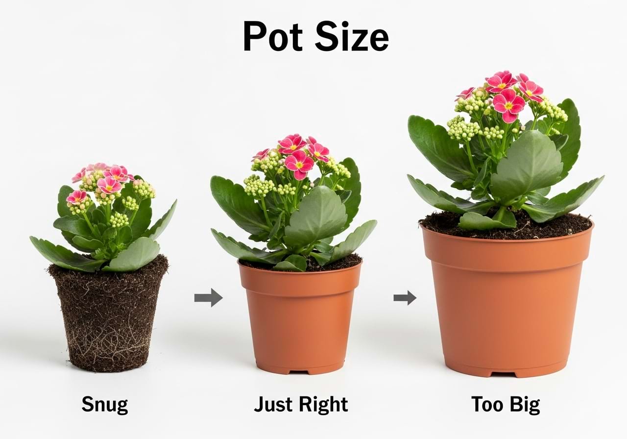 A visual comparison of a plant's current pot next to a 'just right' new pot and a 'too big' pot.