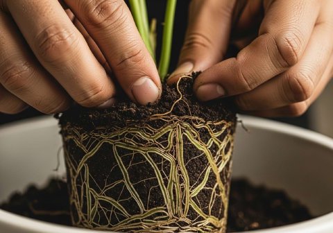 A person's hands gently teasing apart the tangled roots at the bottom of a root-bound plant.
