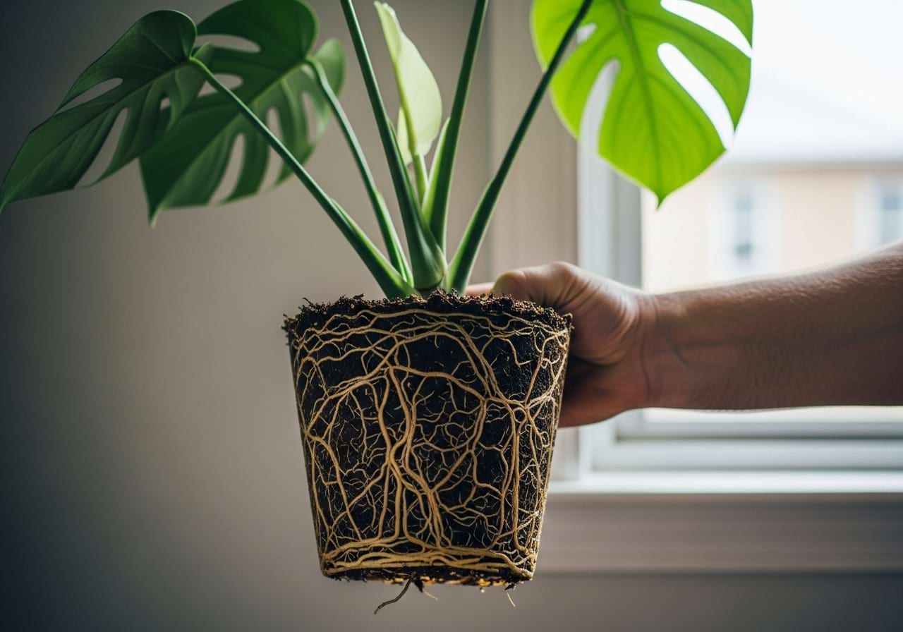 A plant removed from its pot, showing a dense, circling mass of roots.