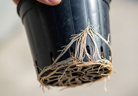 A close-up of houseplant roots growing out of the drainage holes of a plastic pot.