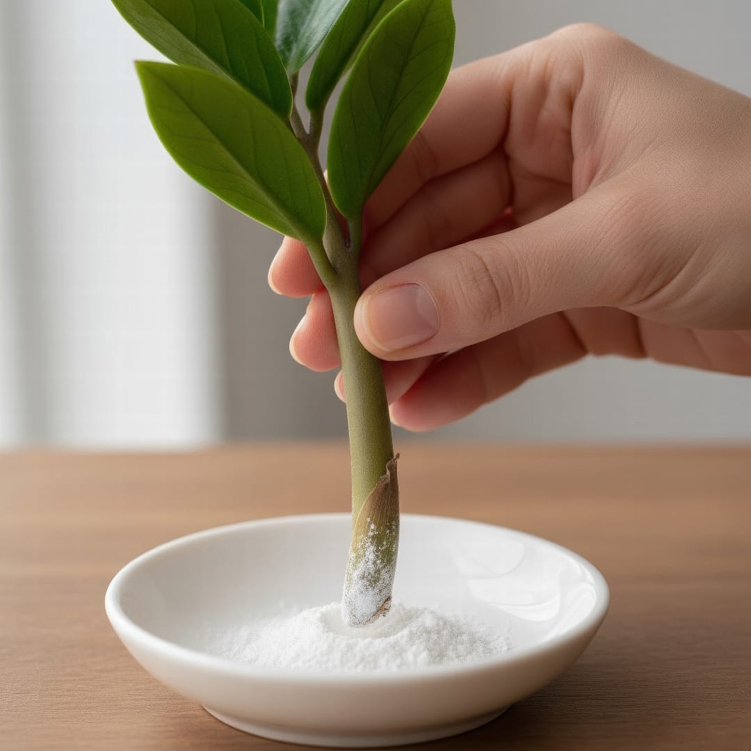 A hand dipping the calloused end of a plant cutting into a small pile of white rooting hormone powder.