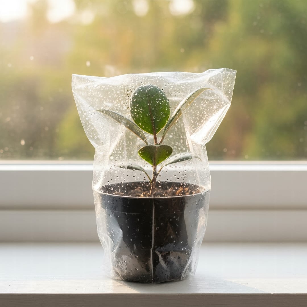 A small pot with a fresh cutting inside, covered with a clear plastic bag to create a humid environment.
