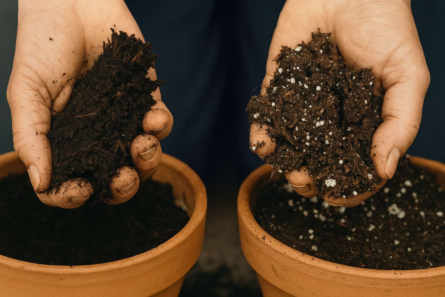 A side-by-side comparison showing a hand with dense, muddy garden soil and a hand with light, fluffy potting mix.