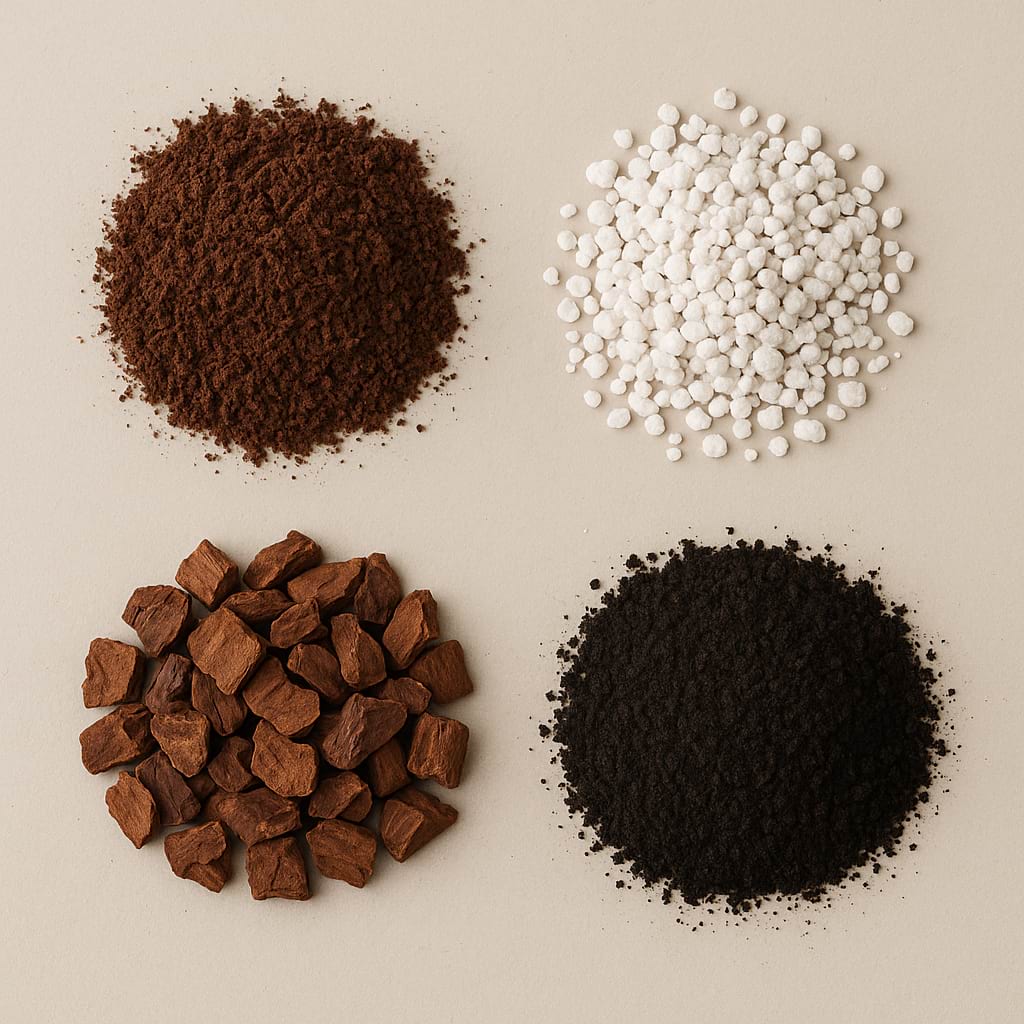 A flat lay of potting mix ingredients: coco coir, perlite, orchid bark, and worm castings.