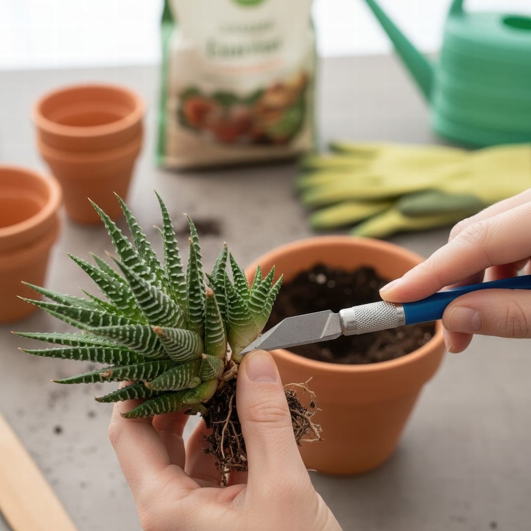 Hands using a clean knife to carefully separate a small 'pup' from the base of a large Haworthia plant.