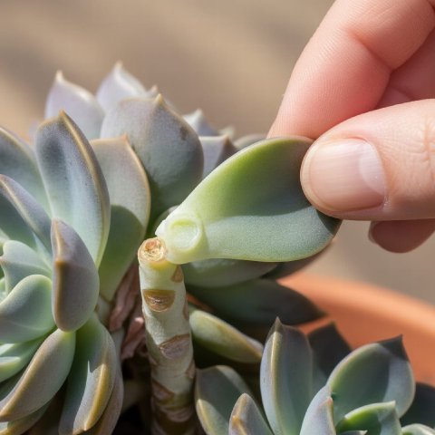 A close-up showing a hand gently twisting a fleshy succulent leaf off the stem, with the intact, crescent-shaped base visible.