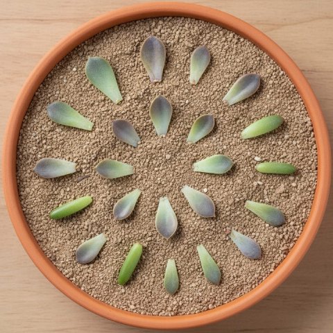 A shallow tray filled with dry succulent soil, with a dozen calloused succulent leaves laid neatly on top, ready to propagate.