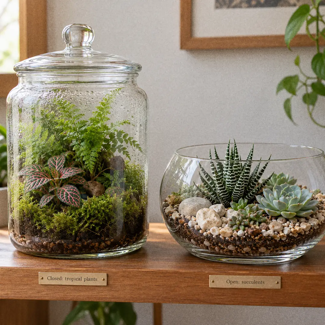 A side-by-side comparison of a closed glass jar terrarium with moss, a fern, and a Nerve Plant, and an open glass bowl terrarium with small succulents and gritty soil