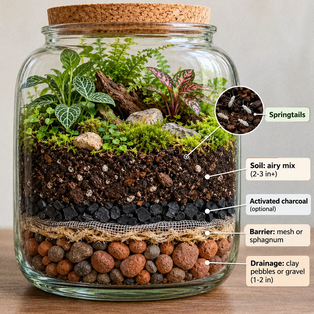 A cross-section diagram of terrarium layers in a glass jar, from bottom to top: a drainage layer of clay pebbles, a fine mesh barrier, a thin layer of activated charcoal, a deep layer of dark soil, plants with moss on top, and small decorative stones