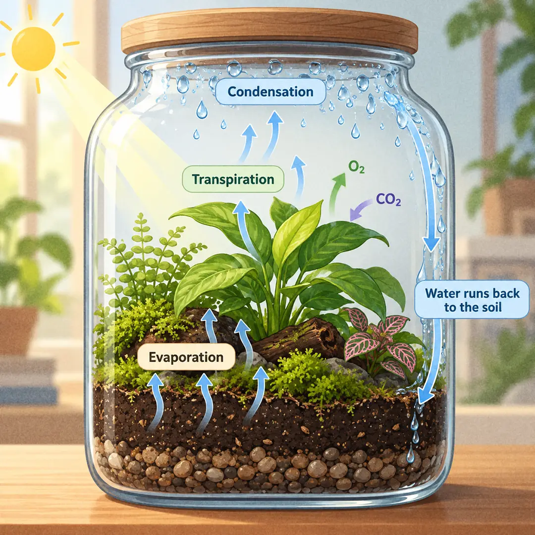A diagram of a closed glass terrarium showing the water cycle: water evaporating from the soil and leaves, condensing as droplets on the inside of the glass, and running back down into the soil, with light entering through the glass