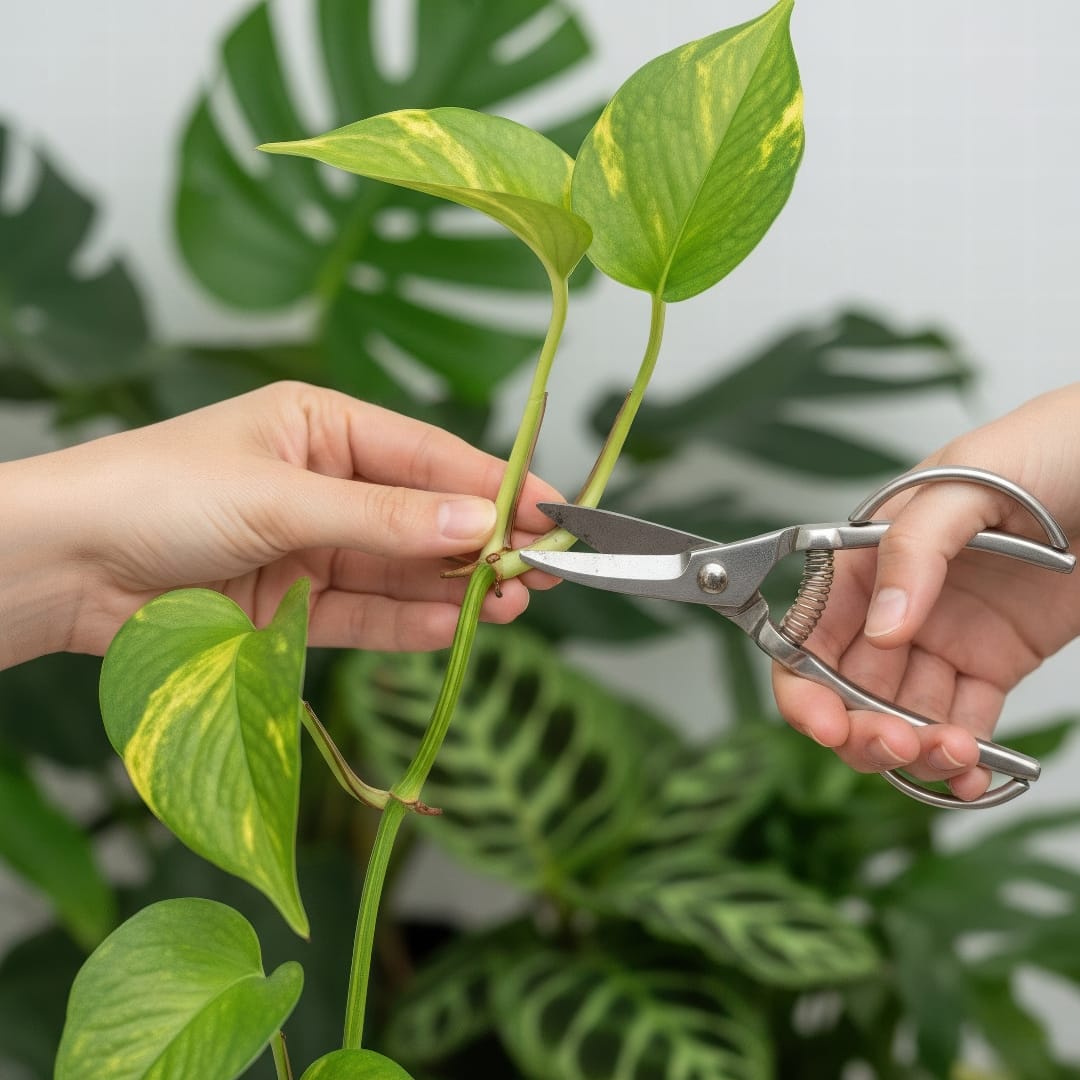 A pair of hands using clean scissors to cut a Pothos vine just below a node.