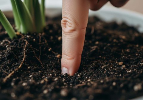 A person's finger inserted into the soil of a potted plant to check for moisture.