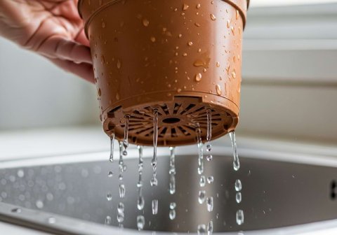Water dripping from the drainage holes at the bottom of a nursery pot held over a sink.