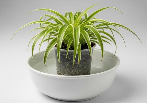 A pothos plant in its nursery pot sitting in a sink filled with an inch of water, demonstrating the bottom-watering method.