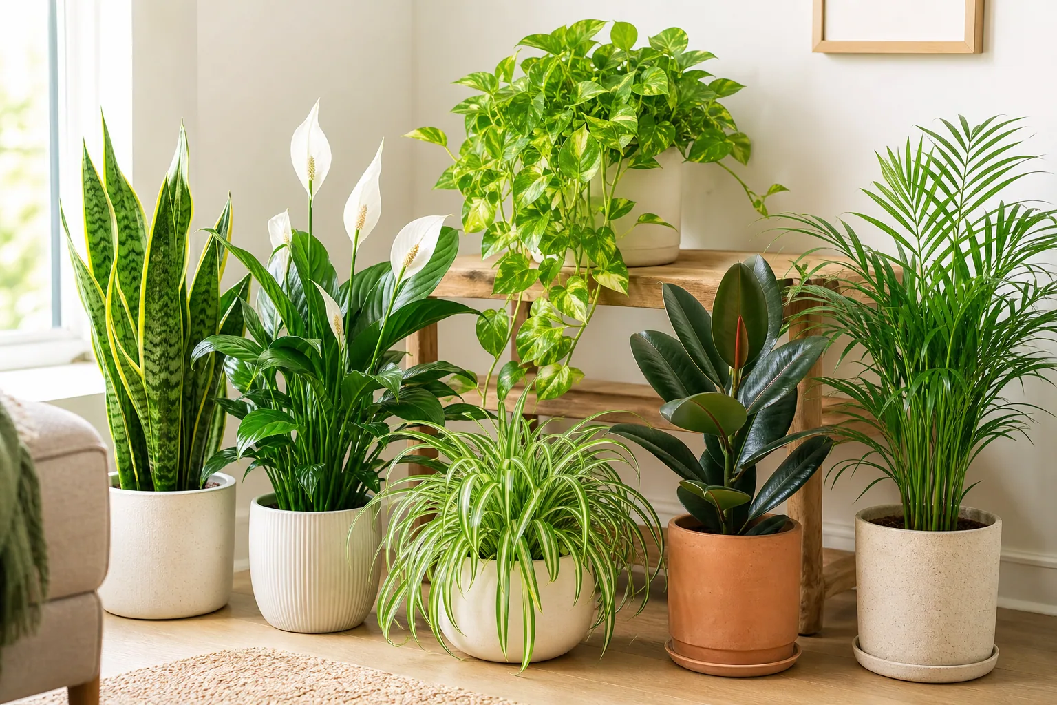A bright living room filled with air-purifying indoor plants