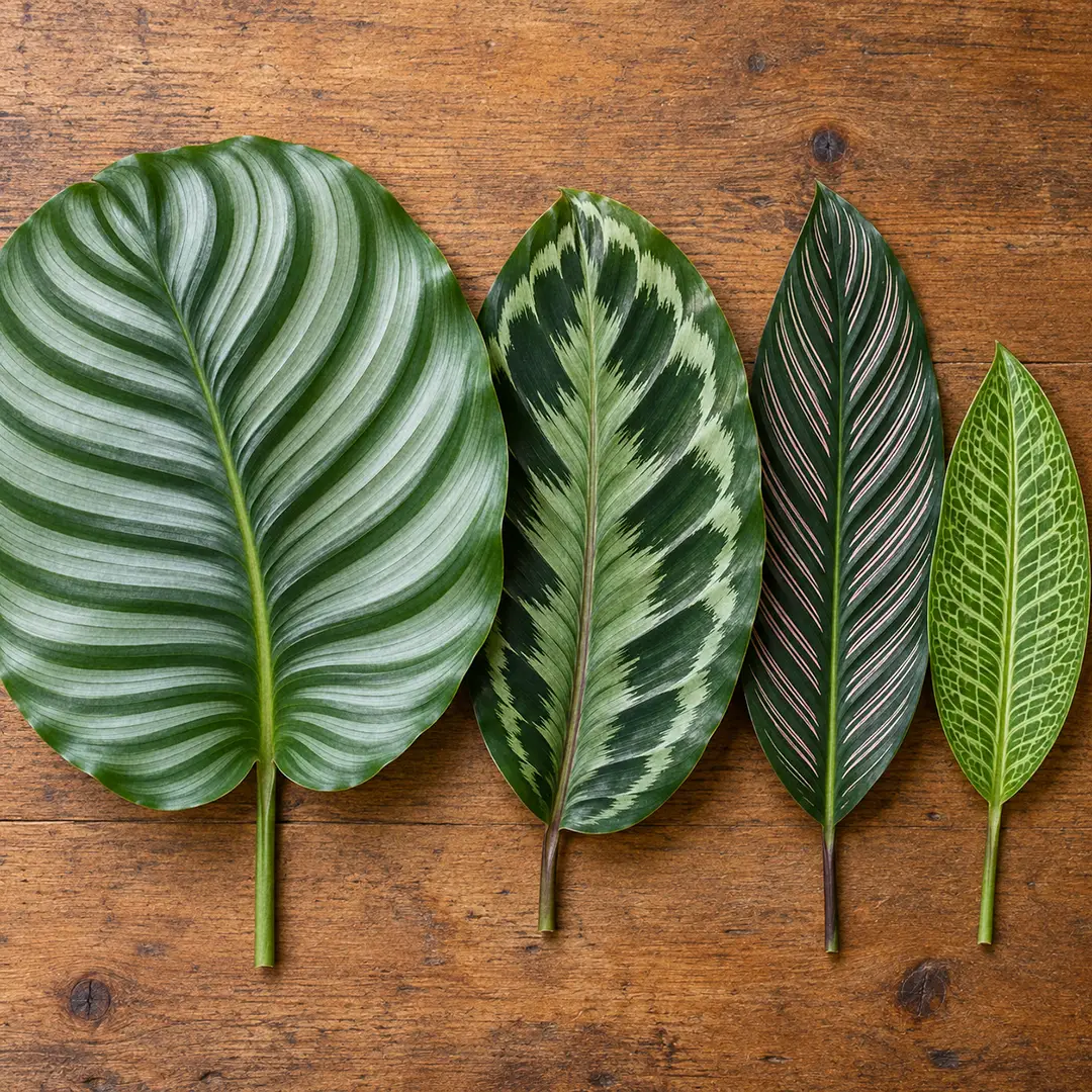 Four calathea leaves laid side by side on a wooden surface, showing the wide silver-striped Orbifolia, the feathered Medallion, the fine pinstriped Ornata and the small mosaic-veined Network leaf