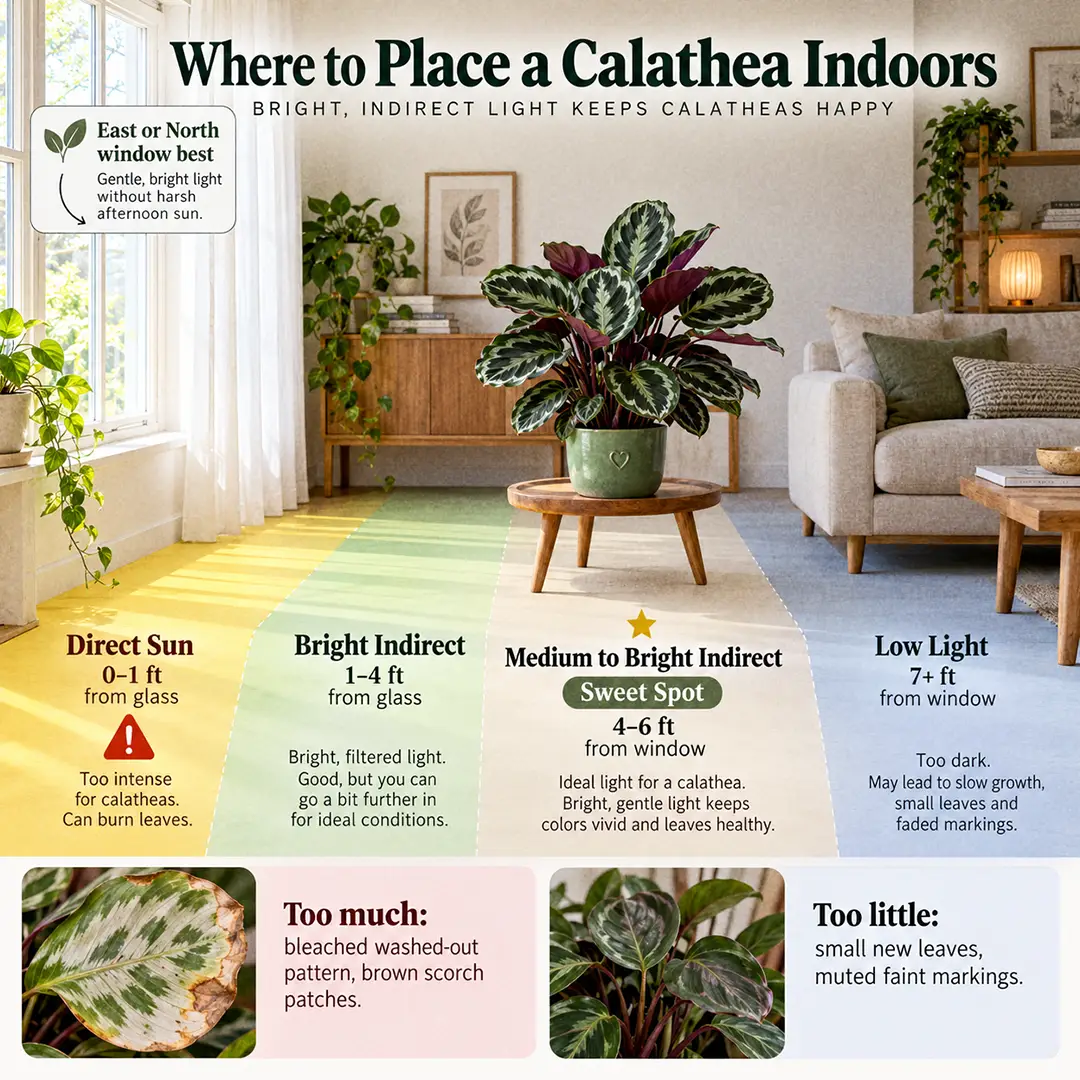 An illustrated light guide diagram showing a calathea placed four to six feet from an east-facing window, with labelled zones for direct sun, bright indirect, medium and low light