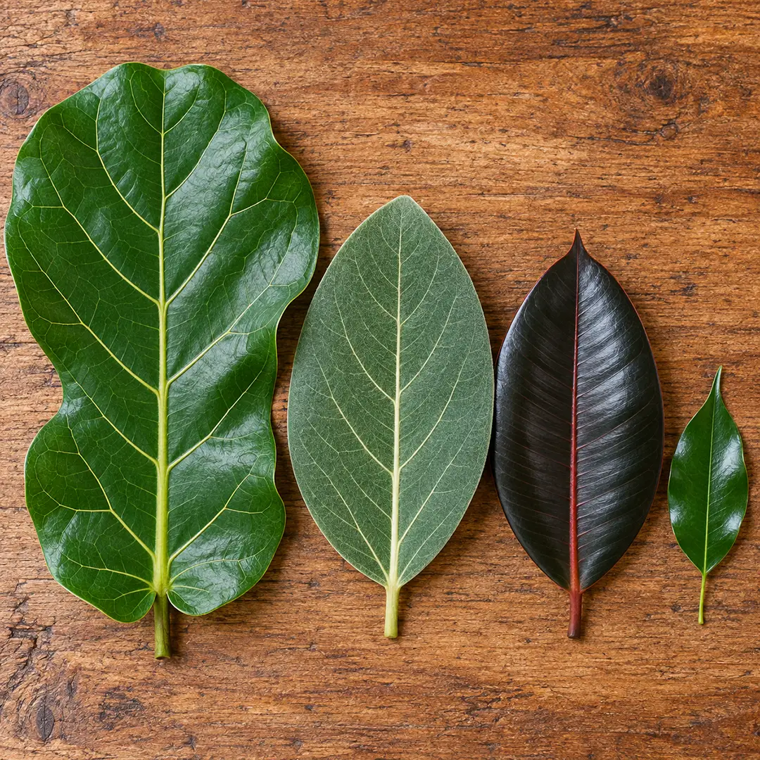 Four ficus leaves laid side by side on a wooden surface, showing the large violin-shaped fiddle leaf fig leaf, the broad matte oval of a ficus audrey, the thick glossy burgundy rubber plant leaf and the small pointed weeping fig leaf