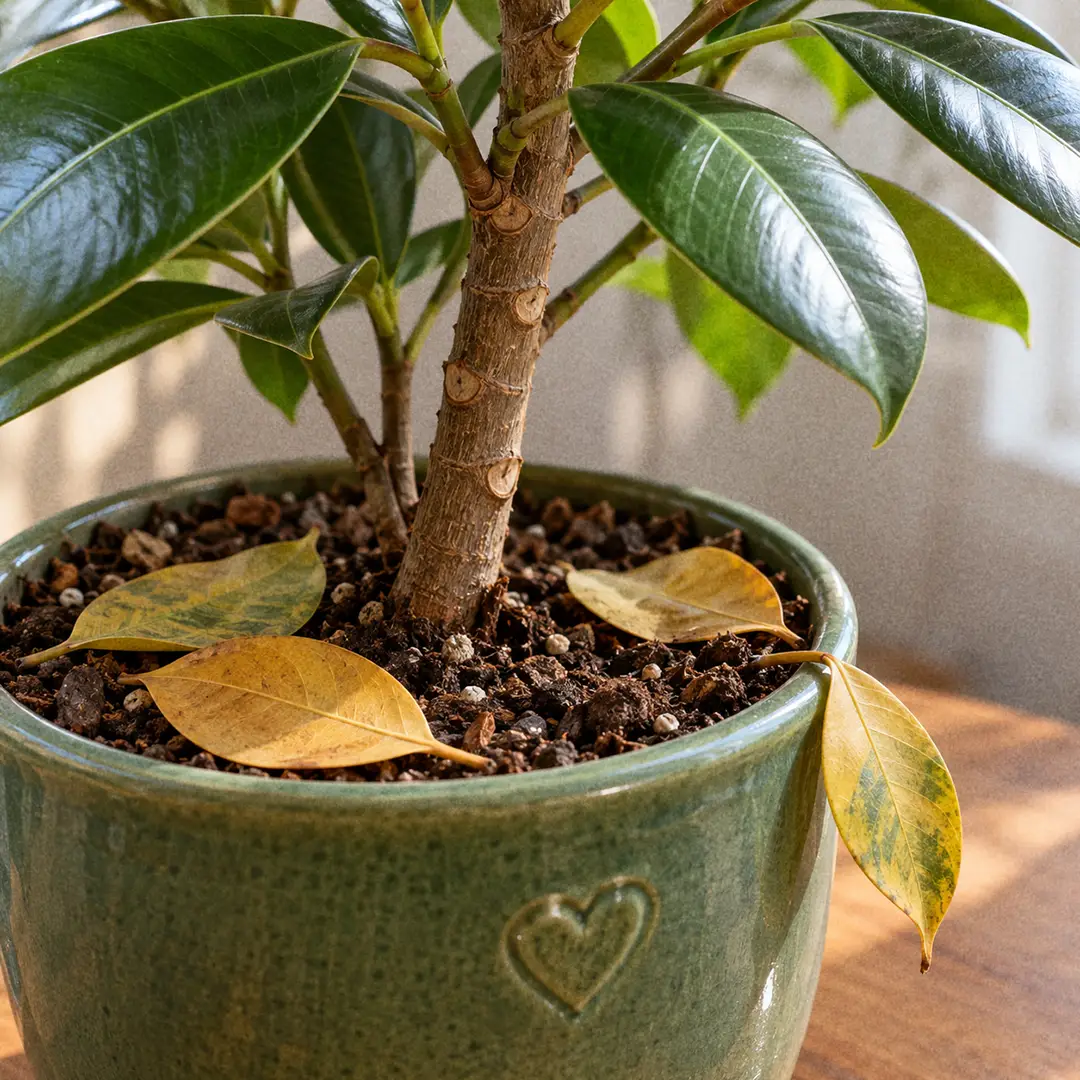 A macro view of the base of a ficus stem with three yellowing leaves loose on the soil surface below it, the remaining leaves on the stem still glossy and firm