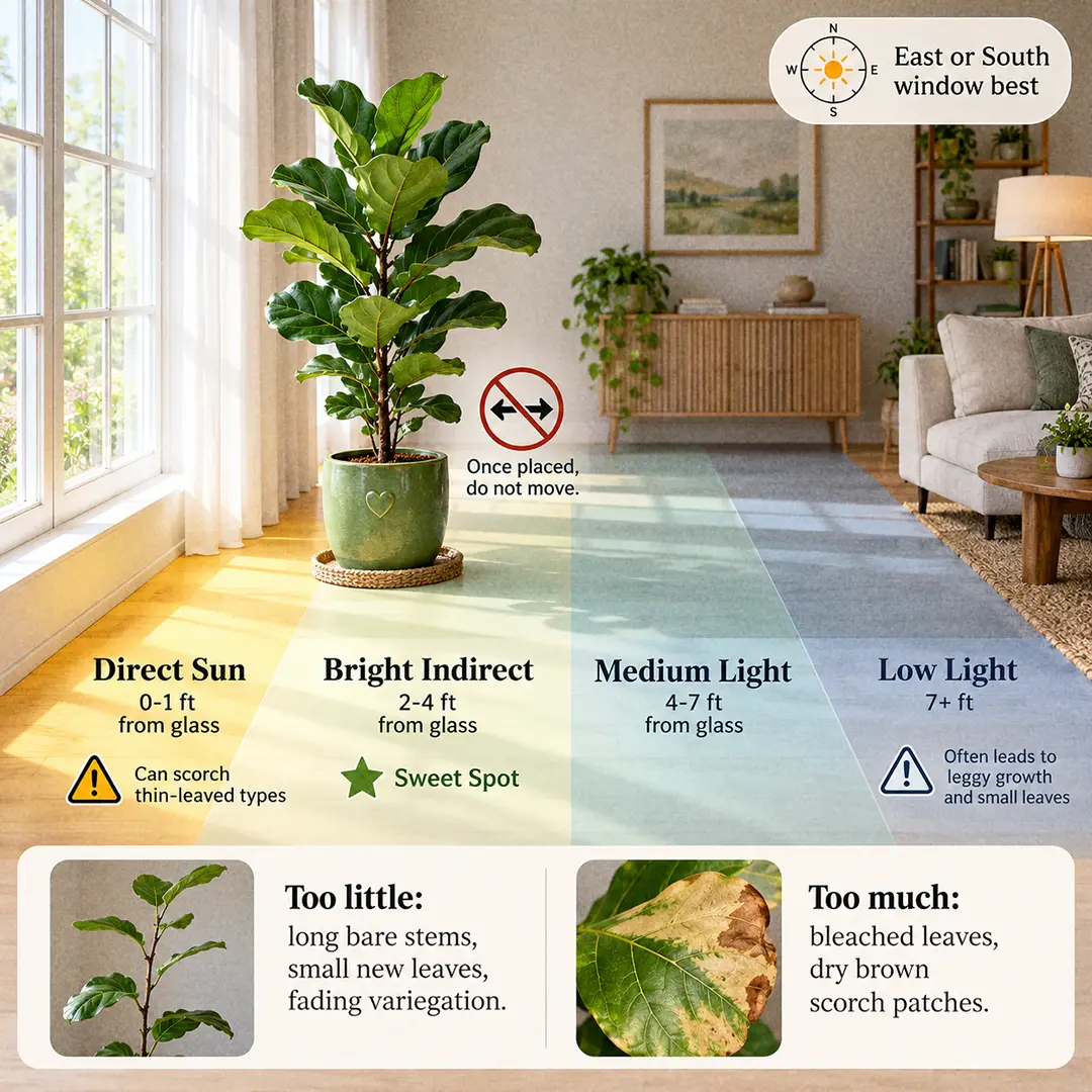 An illustrated light guide diagram showing a ficus placed two to four feet from a south or east window, with labelled zones for direct sun, bright indirect, medium and low light