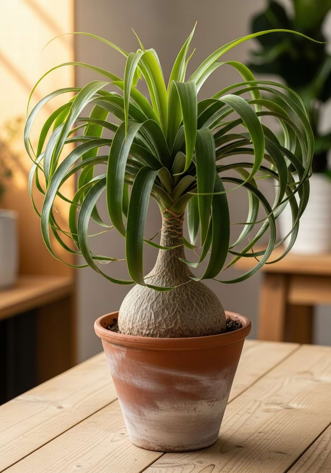 A Ponytail Palm with its characteristic swollen trunk and long, cascading leaves sitting by a sunny window.
