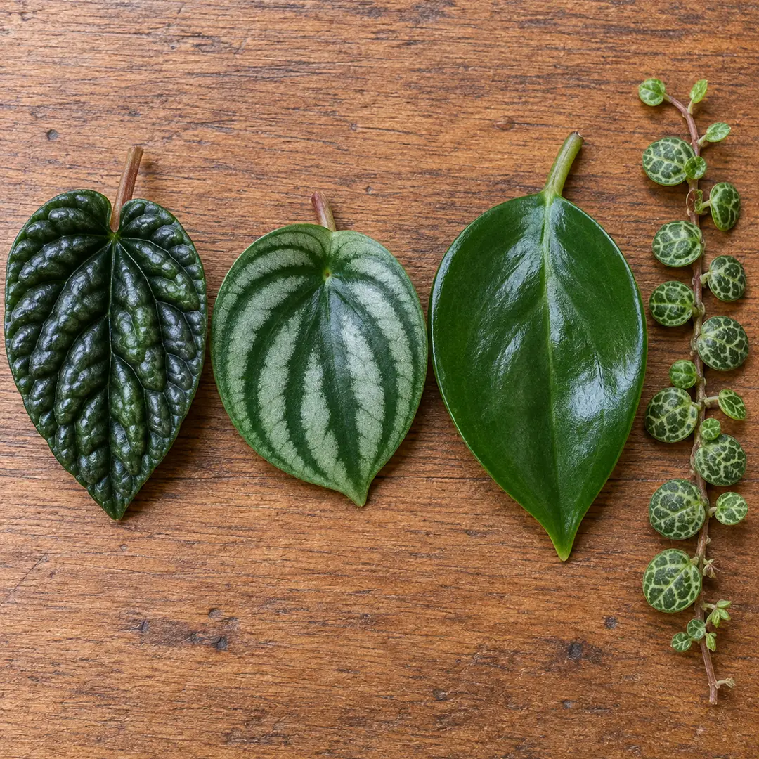Four peperomia leaves laid side by side on a wooden surface, showing the deeply rippled Emerald Ripple, the striped Watermelon, the round Raindrop and the tiny patterned String of Turtles