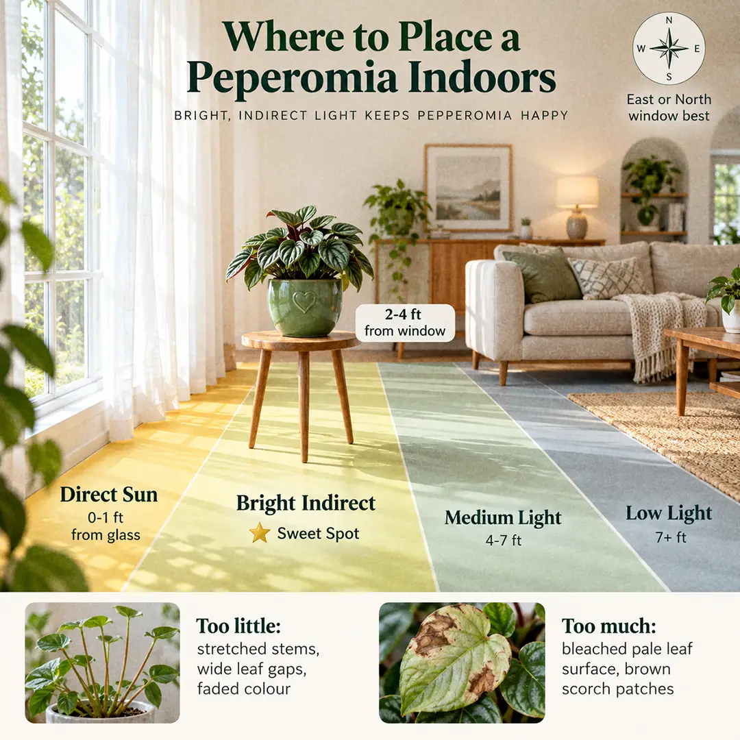 An illustrated light guide diagram showing a peperomia placed two to four feet from an east-facing window, with labelled zones for direct sun, bright indirect, medium and low light