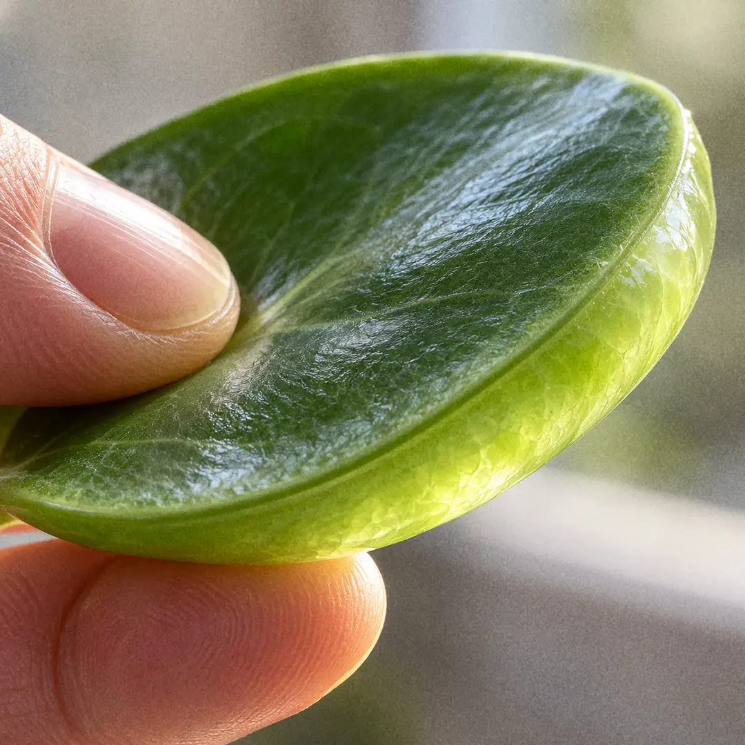 A macro close-up of a thick, fleshy Baby Rubber Plant leaf held between two fingers, showing the plump water-storing tissue and the translucent green edge lit from behind