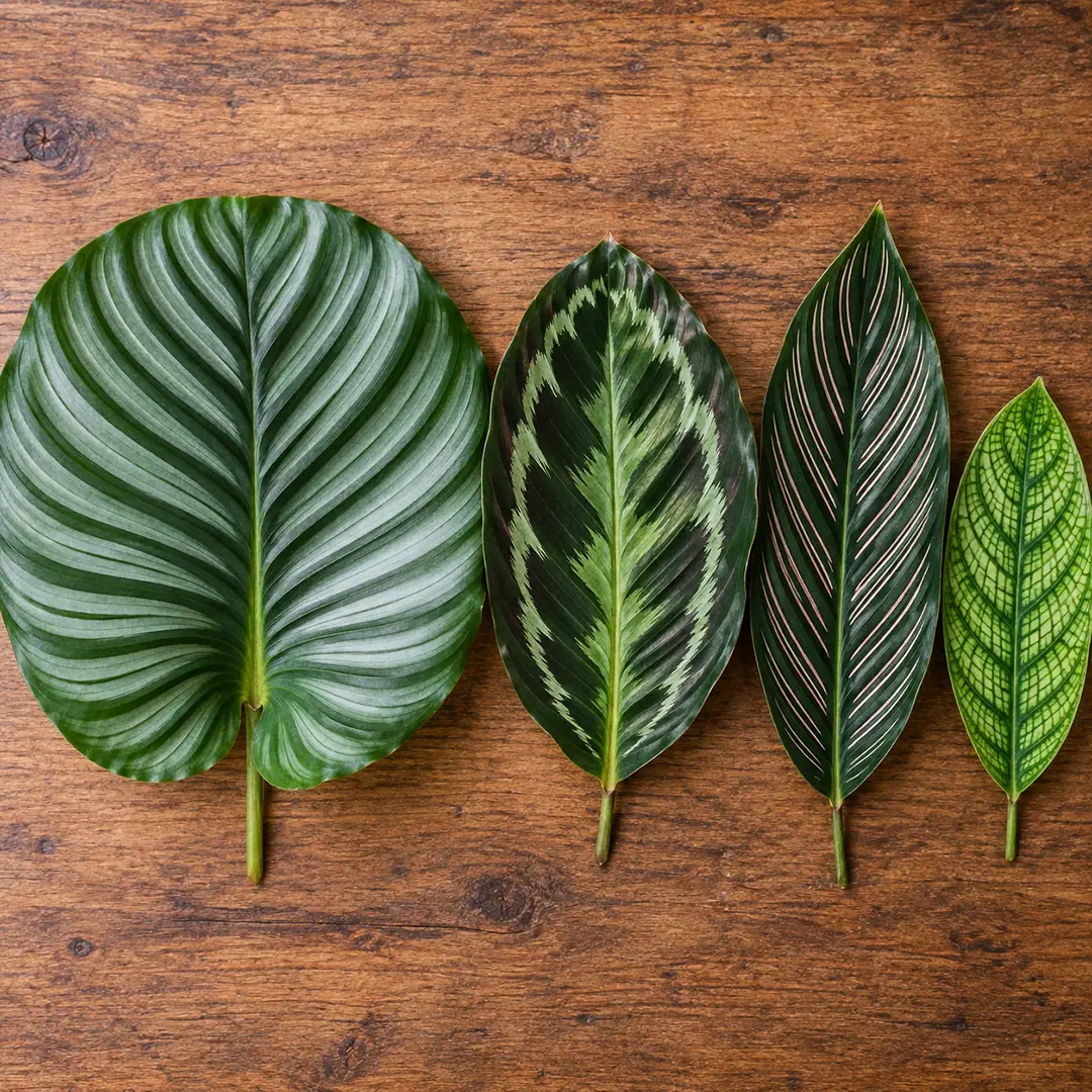 A side-by-side leaf comparison of philodendron foliage, showing a glossy heart-shaped leaf, a chartreuse-streaked Brasil leaf, a matte velvet Gloriosum leaf with white veins, and a silver metallic Silver Sword leaf